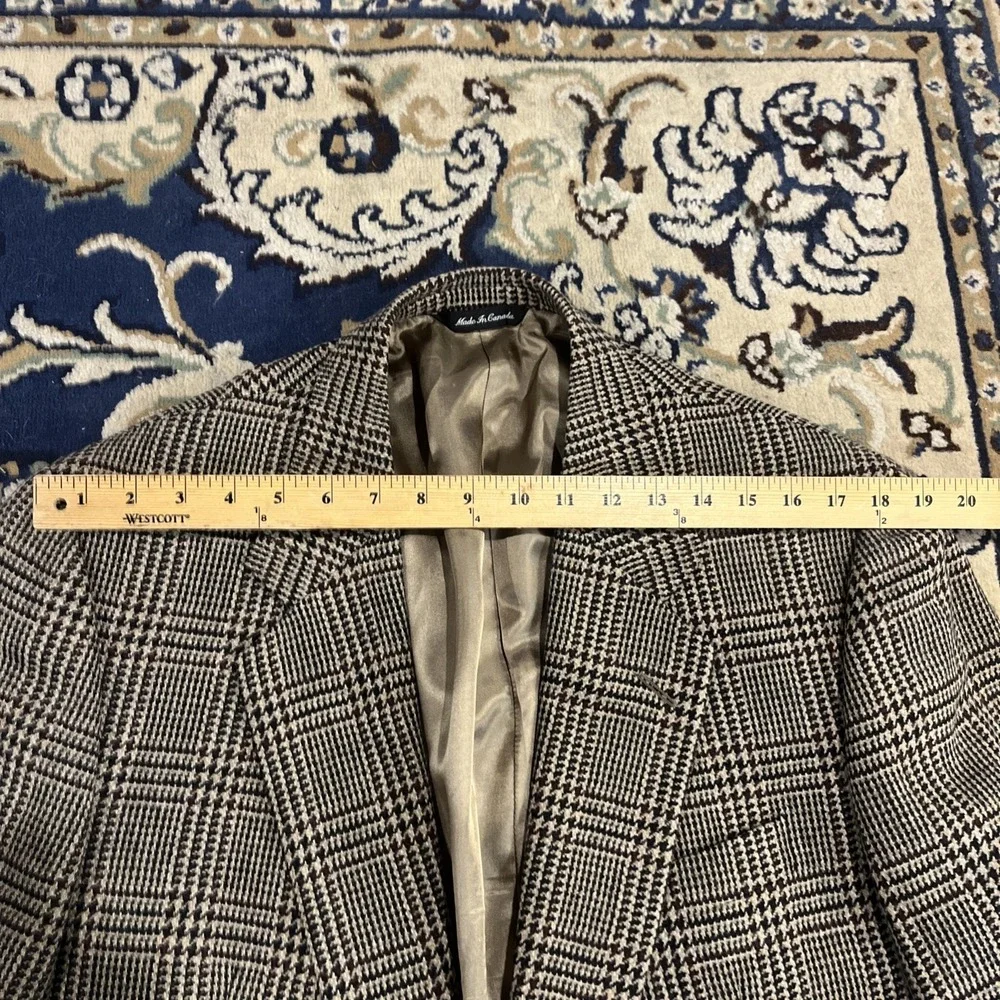 Alan‎ Flusser Glen Check Tweed Blazer Mens 44L Brown Tan Wool  Sport Coat 90s